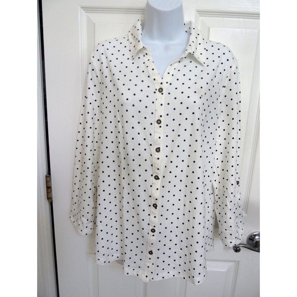 NWT KIM ROGERS Sz L,12/14 Roll-Tab Sleeve Knit Blouse Polka Dot Button Up Cotton
